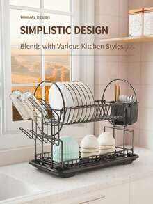 A Kitchen Countertop White And Black Single-Layer Plate Rack Drain Bowl Rack Multi-Function Tableware Storage Rack Bowl Rack Storage Rack - All Black Double-layer Dish Rack - View 7