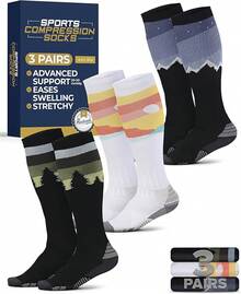 Pembrook 3 pares de calcetines de compresión de 20 a 30 mmHg - Calcetines de compresión para mujeres y hombres| correr, atletismo, viajes, enfermeras - Patrones de naturaleza (montañas/árboles/puesta del sol) - 3 pares - Ver 13
