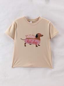 少女宽松卡通热狗印花短袖夏季T恤，适合上学、度假和购物 - 杏色 - 查看 7