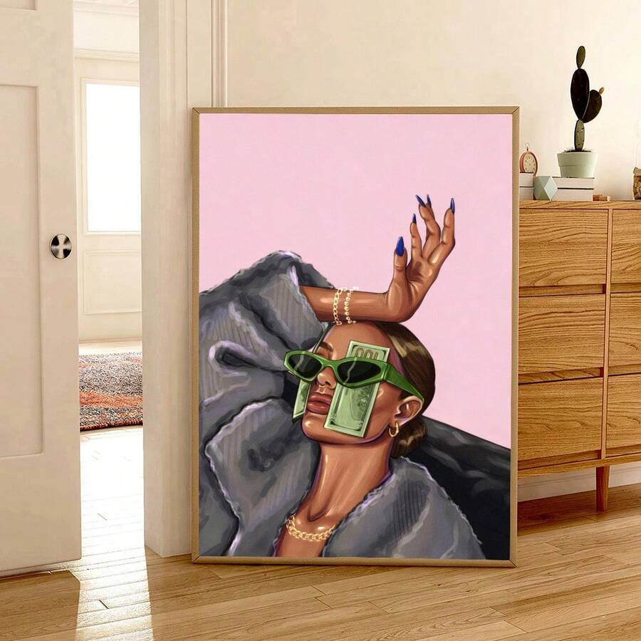 Tranh sơn dầu trên vải bố, phong cách Pop Art, hình ảnh người phụ nữ thời trang đeo kính râm xanh lá cây và tờ tiền đô la trên mặt, tranh trừu tượng màu hồng, thích hợp trang trí phòng khách, phòng ngủ, văn phòng, làm quà tặng cho phái nữ, có khung hoặc không khung. - Nhiều màu - Xem 1