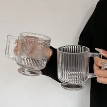 1 pieza Taza de vidrio corta con asa de estilo coreano de 260ml, taza de café con leche con rayas verticales minimalistas, taza para bebidas frías, taza para helado, taza para leche - transparente - Ver 4