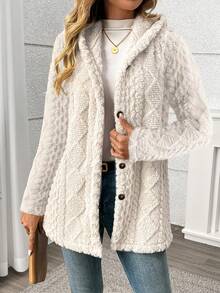 长款纯色钻石纹柔软羊毛前扣开衫，日常穿着，秋冬 - 白色 - 查看 2