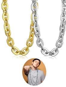 سلسلة هيب هوب من البلاستيك ضخمة بطريقة عشوائية للرجال ، قلادة مزيفة باللونين الذهبي والفضي لاكتمال زي ال-90،اكسسوار