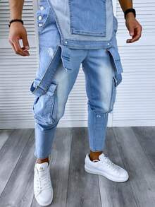 Pantalones peto de mezclilla retro para hombre, mono informal con diseño desgastado de moda - Azul - Ver 1