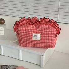Bolsa de maquillaje a cuadros roja y blanca con ribete de encaje, bolsa de cosméticos portátil de gran capacidad para viajes de mujeres - Rojo - Ver 6