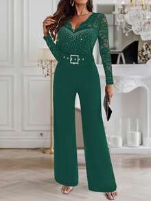 ChicMe Mono elegante de mujer con decoración de strass, cuello en V, manga larga, encaje, con cinturón, cintura alta, pierna recta, para fiesta, cóctel y salir de noche - verde - Ver 5