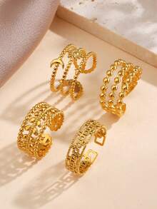 4pcs/Set Stainless Steel Minimalist Leaf, Star, Moon Design Open Rings, Suitable For Women's Daily Wear - Multicolor - View 5