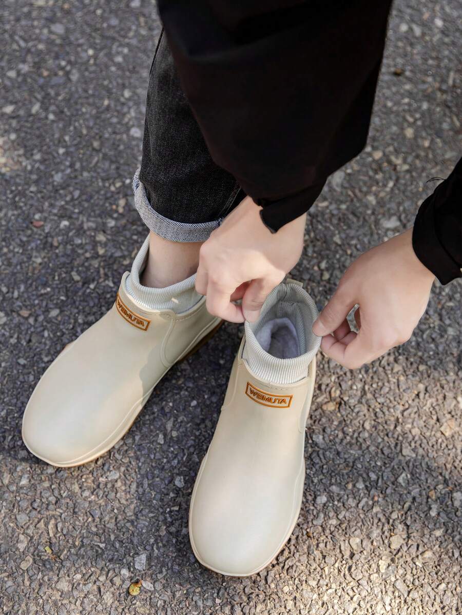 男女通用短靴，防水雪地靴，带抓绒内衬，保暖休闲，适合厨房、工作、户外活动、钓鱼、通勤、洗车等场合，防水橡胶鞋 - 杏色(選大兩號) - 查看 1