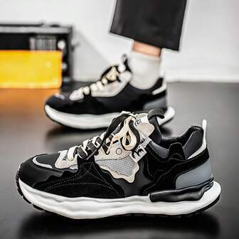 Colorblock Thick Sole Men's Chunky Sneakers, Fashion Breathable Comfortable Men's Athletic Shoes, Lace-Up Wear-Resistant Men's Running Shoes For Outdoor