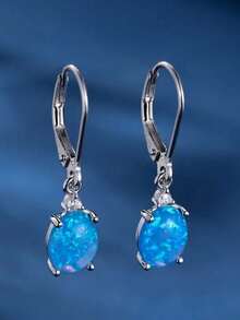 1對閃閃發光的純銀藍色澳洲蛋白石橢圓形吊墜耳環，適用於女性週年慶/婚禮/日常時尚珠寶禮物