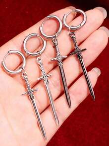 1Pair Gothic Vintage Sword Alloy Earrings Women Man Fashion Cool Punk Rock Party Jewelry Accessories Fantasy Ear Hooks - 銀色 - 查看 9