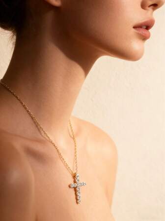 1 pieza Collar con colgante en forma de cruz de acero inoxidable de moda, adecuado para uso diario de mujeres u ocasiones festivas