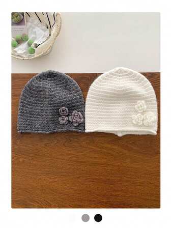 Handmade Fabric Flower Applique Gray Knitted Beanie Hat For Women, Autumn/Winter, Warm, Oversized, Floral Design