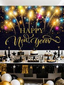 1件2026新年彩色烟花金色闪光背景布，闪亮涤纶派对横幅，新年除夕派对家居装饰拍照背景，新年庆祝用品 - 彩色 - 查看 10