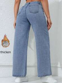 Quần jeans ống đứng thời trang lót nhiệt ấm áp mùa thu/đông, quần ống đứng co giãn dáng rộng thoải mái - Rửa nhẹ - Xem 2