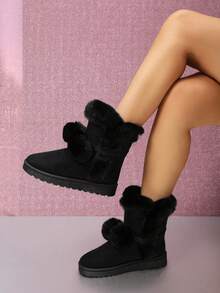 Women's Style Snow Boots, Lace-Up Bow & Pom Pom Decor, Thermal Lined, Warm, Flat, Soft Sole, Anti-Slip, Comfortable Winter Short Boots,Fur Boots