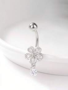 1pc Stainless Steel Natural Shell Teardrop Navel Piercing, Plum Blossom Belly Button Ring