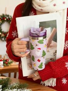 1 pezzo Elemento di Babbo Natale e albero di Natale, Tazza termica da 40oz-14oz con manico, in acciaio inossidabile isolato, adatto per viaggi, scuola, ufficio, all'aperto, palestra, casa, regalo di Natale, regalo per donne e adolescenti, regalo per le feste, regalo di compleanno (con cannuccia) - Multicolore - Visualizzare 7