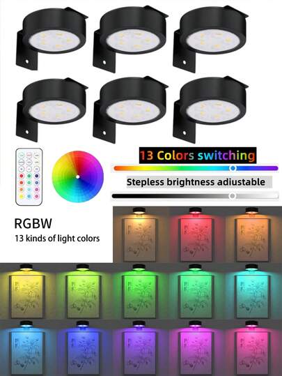 1/3/6 件方便粘贴式冰球灯，带遥控器，电池供电的 LED 无线推灯，12 色 RGB - 适用于壁橱、卧室墙壁、橱柜下、电池供电的冰球灯。