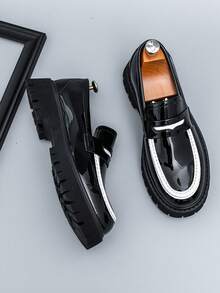 Men's Versatile Business Casual Shoes, Thick Sole Elevator, Black & White Slip-On Loafers - Black and White - View 2