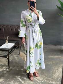 SuofeiMan Váy dài in hoa họa tiết lá cho nữ, váy dài cài nút thắt eo thanh lịch, giản dị, phù hợp cho mọi mùa - Bụi tím - Xem 1