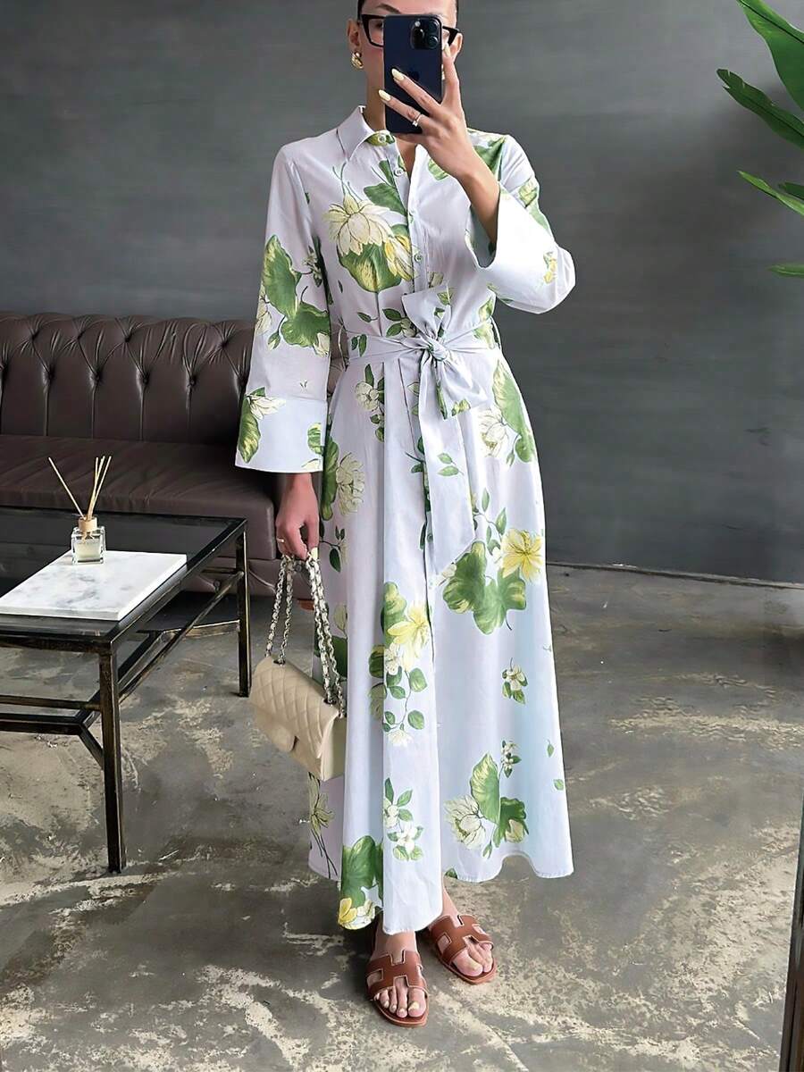 SuofeiMan Váy dài in hoa họa tiết lá cho nữ, váy dài cài nút thắt eo thanh lịch, giản dị, phù hợp cho mọi mùa - Bụi tím - Xem 1