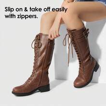 Women's Knee High Riding Combat Boots Side Zipper Motorcycle Boots Outdoor Casual For Fall And Winter - 淺棕色 - 查看 5