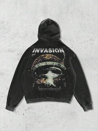 1pc Men's Alien Invasion Graphic Distressed Hoodie, Vintage American Punk Style, Casual Daily Wear