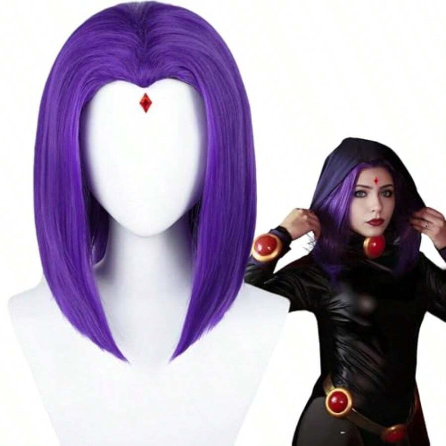 QY- Short Purple Anime Cosplay Wig Dark Purple Straight Bob Wigs + Red Gem + Wig Cap 14'' Synthetic Hair For Women Halloween Costumes Party -3788 - 14 深紫色 - 查看 1