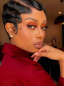 Remy Human Hair 150% Density 13x4 Lace Front Wig - Natural Black Short Pixie Cut With Water Wavy Texture, Retro Finger Wave