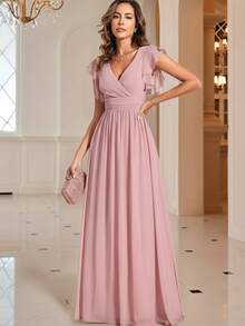 EVERPRETTY Spring Short Sleeve Ruched V-Neck Draped Asymmetric Chiffon Bridesmaid Dress, Pink