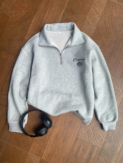 Sudadera de manga larga con cuello alto, cierre de cremallera, estampado de logotipo de letra, estilo casual de calle estadounidense, básica para mujer, de otoño/invierno, abrigada y versátil