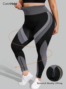 Plus Size High Waist Tummy Control Colorblock Striped Seamless Leggings, Suitable For Running, Yoga, Fitness, Casual Wear In Autumn/Winter