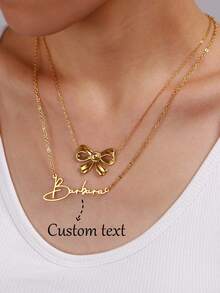 Collar de acero inoxidable minimalista de alta gama personalizado de doble capa apilable y versátil, nuevo collar creativo con lazo, collar de letra personalizado hecho a mano estilo bohemio, regalo de cumpleaños, boda, aniversario, Acción de Gracias, Navidad, Año Nuevo para mujeres - Dorado - Ver 9
