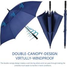 Large, 54626872 Inch Automatic Open, Oversize Double Canopy Vented Windproof Waterproof Sports Stick Umbrellas Rain - 藏青色+68吋 - 查看 9