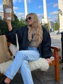 Women's Black Bomber Jacket Front Zip Pockets Long Sleeve Casual Warm Coat For Fall Winter - Black - View 4