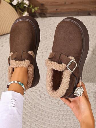 女式雪地靴，新款时尚防滑纯色扣环中筒厚底耐用靴子，休闲日常软底轻便女式雪地靴