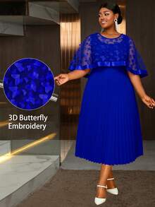Plus Size Women Blue Butterfly Mesh Sleeve High Waist Ruffle Formal Dress - Royal Blue - View 4