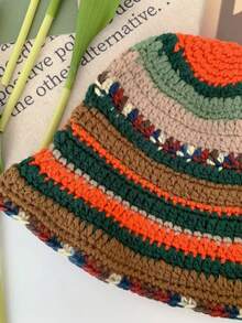 1pc Autumn Winter Maillard Color Bowknot Contrast Striped Polka Dot Hand-Made Crochet Knit Hat, Thick Four Seasons Rainbow Striped Knitted Fisherman Bucket Hat For Women, Fashionable Christmas