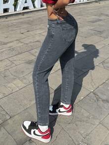 Women's Denim Skinny Jeans In Black Long Length With Pockets Buttons And Zipper Detail Medium Stretch For Comfort And Style - 灰色 - 查看 11