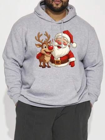 1pc Plus Size Men Santa Claus Print Thermal Lined Hooded Sweatshirt, Suitable For Christmas And Daily Wear, Autumn/Winter
