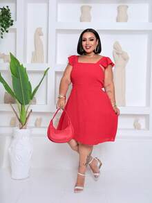 Plus Size Short Dress In Duna Fabric With Ruffled Straps And Elastic Back, Lined, Sizes GG G2 - 紅色 - 查看 5
