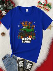 Camiseta navideña Reindeer Rumble de monster truck para pequeños de 3 a 12 años, fabricada en 100% algodón, con manga corta y cuello redondo. - Azul - Ver 2