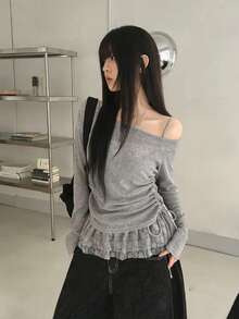 女士蕾丝拼接露肩长袖T恤，独特修身抽绳上衣，夏季