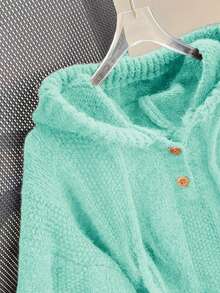 Solid Color Casual Minimalist Drawstring Hooded Pullover Sweater - Green - View 2