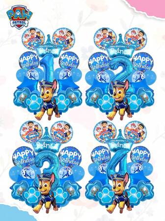  PAW Patrol 蓝色气球套装，包含 Chase 主题铝箔气球、王子皇冠和“生日快乐”印花，鲜艳的蓝色配色方案，配有五彩纸屑和爪印细节，高品质材料，可持久充气，非常适合为婚礼场地、餐厅增添节日气氛，非常适合 1 岁生日派对