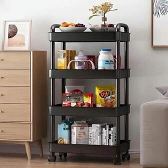 Estantería de almacenamiento de varios niveles, material de plástico, instalación de pie, tubo dorado gratis, adecuado para cocina, baño, dormitorio, sala de estar, unidad de estantería vertical