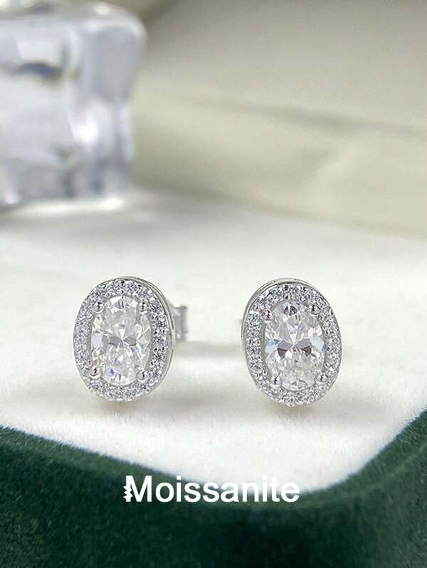2pcs Elegant Luxury 925 Sterling Silver 0.5Carat X 2 Moissanite Oval Stud Earrings, Suitable For Commute, Party, Vacation, Birthday, Valentine's Day, Mother's Day, Wedding Anniversary, Christmas, Jewelry Gift For Women