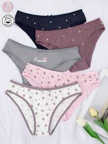 5 Pieces Of Women's Cotton Sexy Romantic Lace Edge Printed Underwear Set