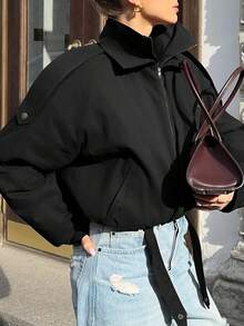 Doriss 双层立领翻领纽扣收腰吊带大衣，学院风，辣妹风，返校季，外出上衣，女，秋冬，万圣节 - 黑色 - 查看 4